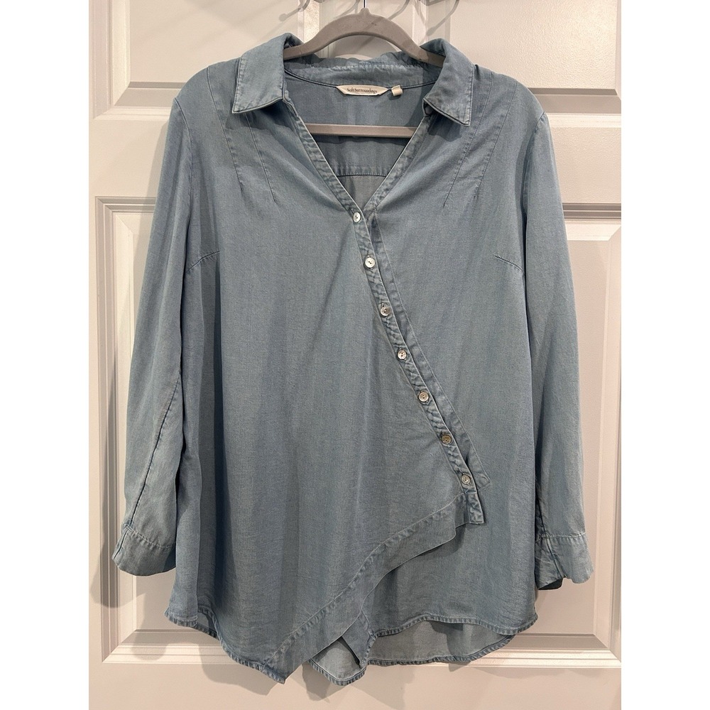 Soft Surroundings Blue Washed Tencel Tunic‎ Top Sz L Chambray Denim Asymmetrical